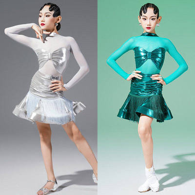 FZS儿童拉丁舞服新款长袖烫金拼接网纱流苏裙套装专业双色练功服