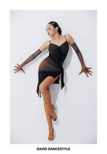 DAVID舞服拉丁舞女士专业渐变色连衣裙吊带套装 专业手套练功服