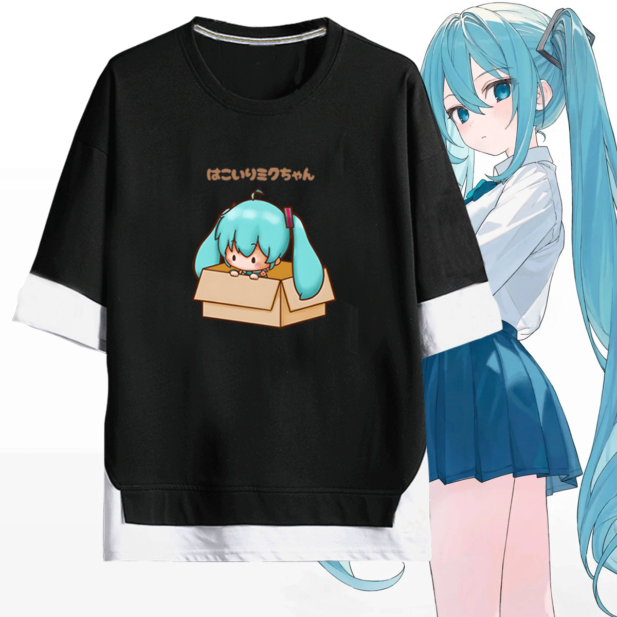 初音miku卡通未来可爱葱娘气球二次元男女可定制短袖T恤衫假两件