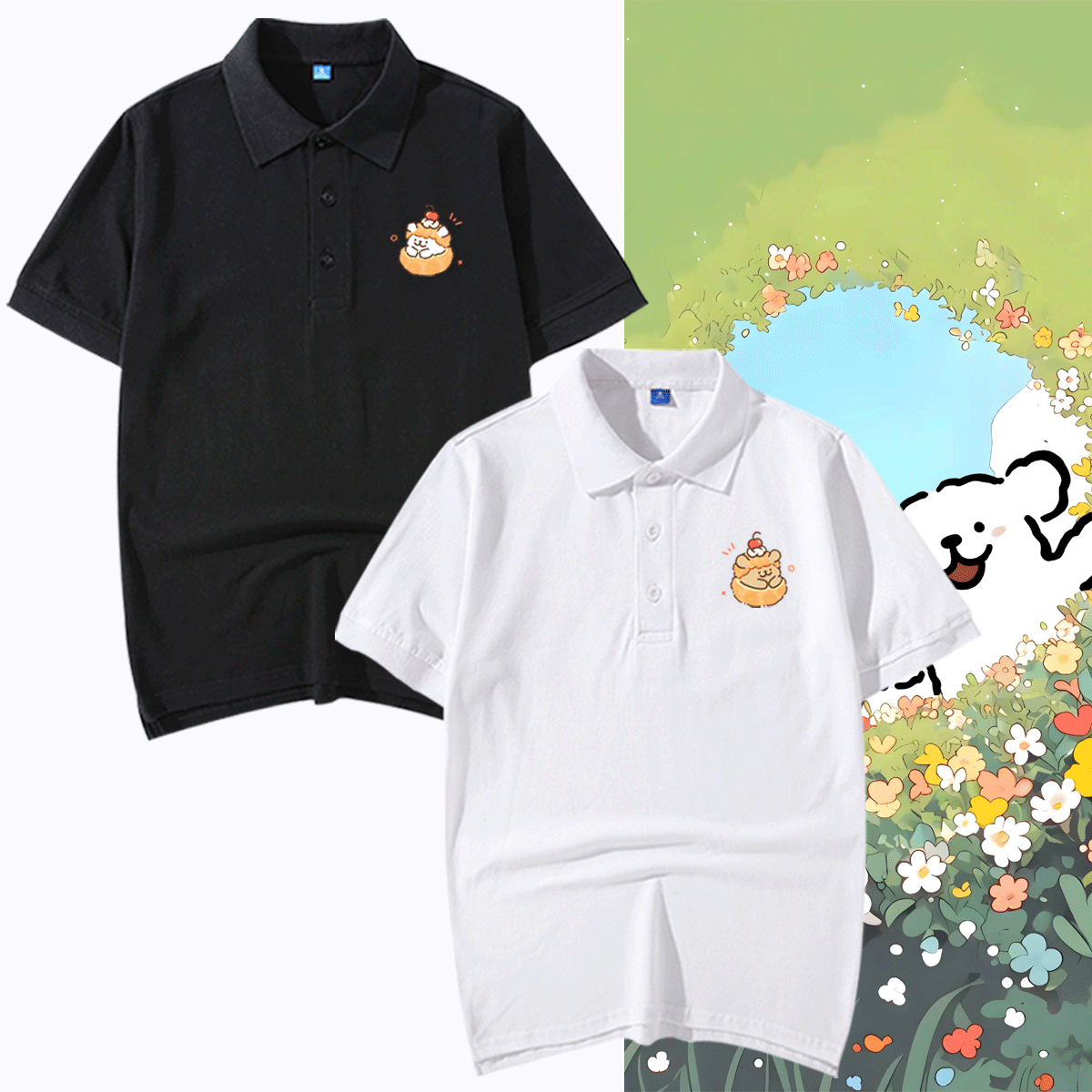 线条小狗动漫卡通可爱周边休闲夏季男女情侣可定制短袖T恤POLO衫