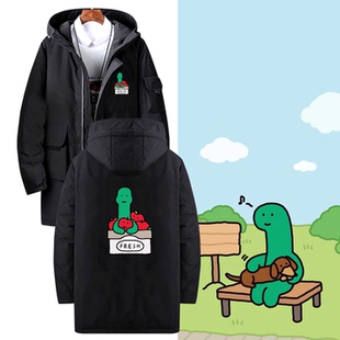 JOGUMAN乔古漫绿色小恐龙苹果卡通可爱男女情侣定制中长款羽绒服
