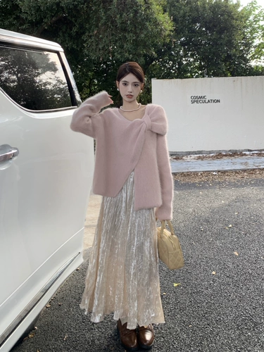 Розовый осенний демисезонный дизайнерский свитер с бантиком, в корейском стиле, оверсайз, свободный крой