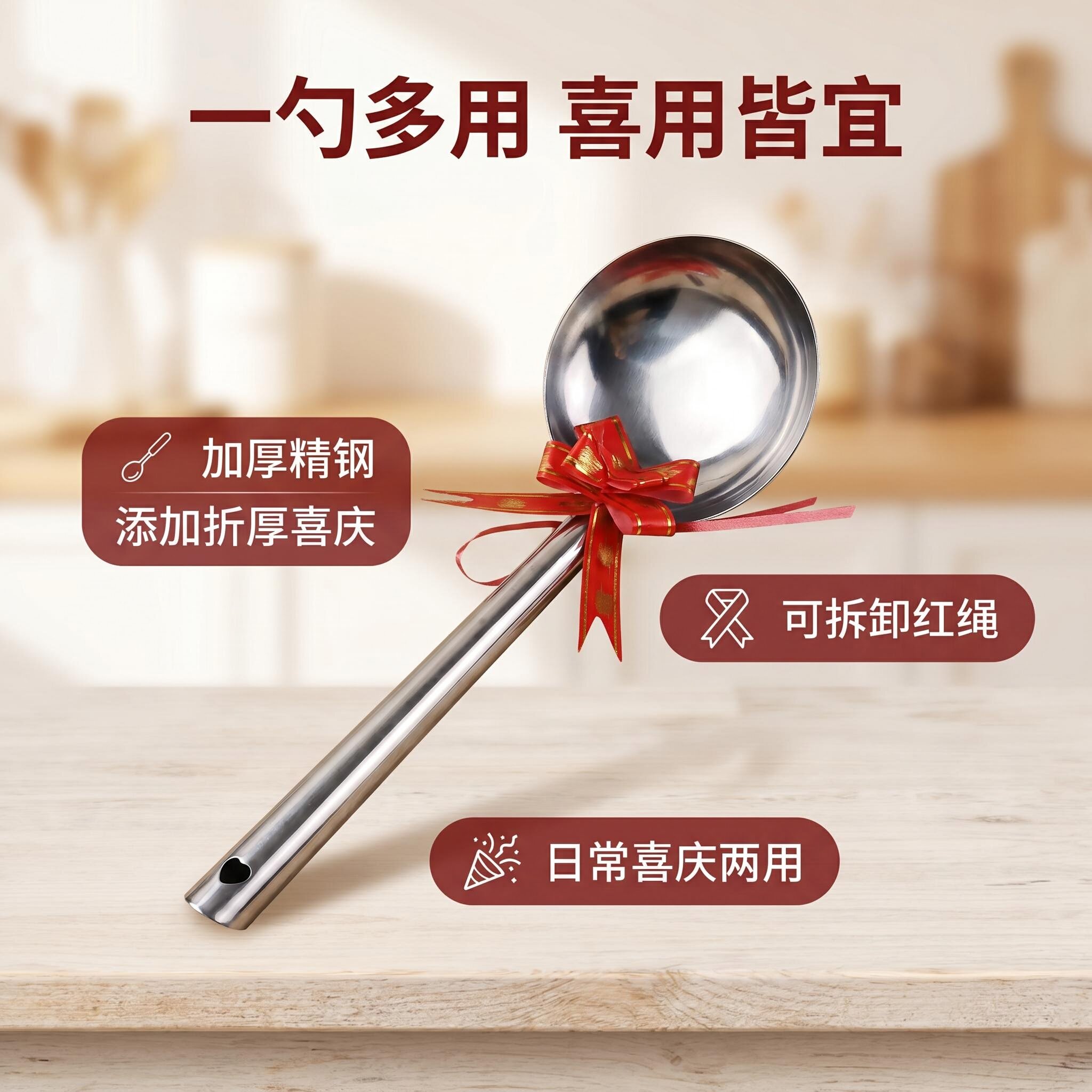 不锈钢勺系红绳喜庆装点厨具烹饪