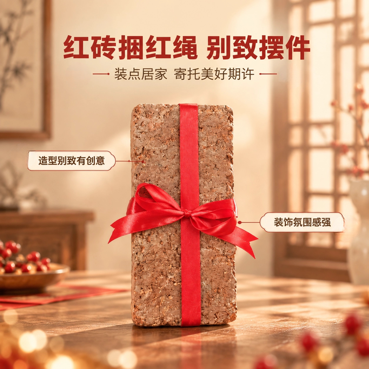 红砖捆红绳新中式家居装饰摆件