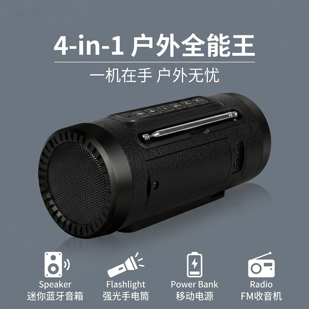户外全能王迷你蓝牙音箱强光手电筒移动电源FM收音机一体骑行露营