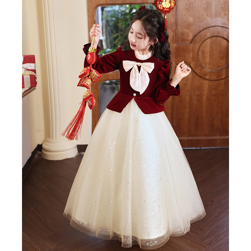 儿童赫本风气质礼服超仙公主裙女童长袖蝴蝶结红色生日钢琴演出服
