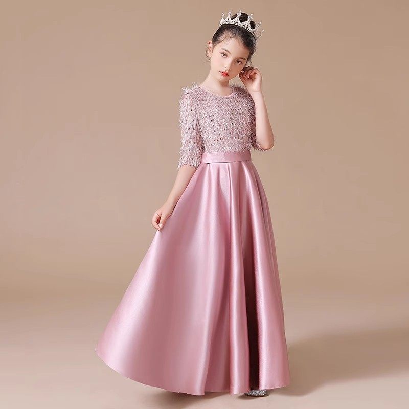 女童豆沙色钢琴晚礼服演出服公主裙中袖长款儿童圆领亮片走秀裙秋