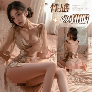 性感细闪透视薄纱深V开襟日系和服原创纯欲浴衣外罩衫火辣女制服