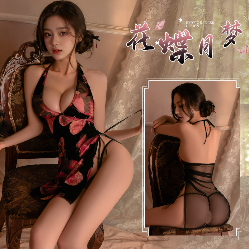 晓梦迷蝶复古旗袍性感系带挂脖性感V领高腰开叉清纱裙制服套装女