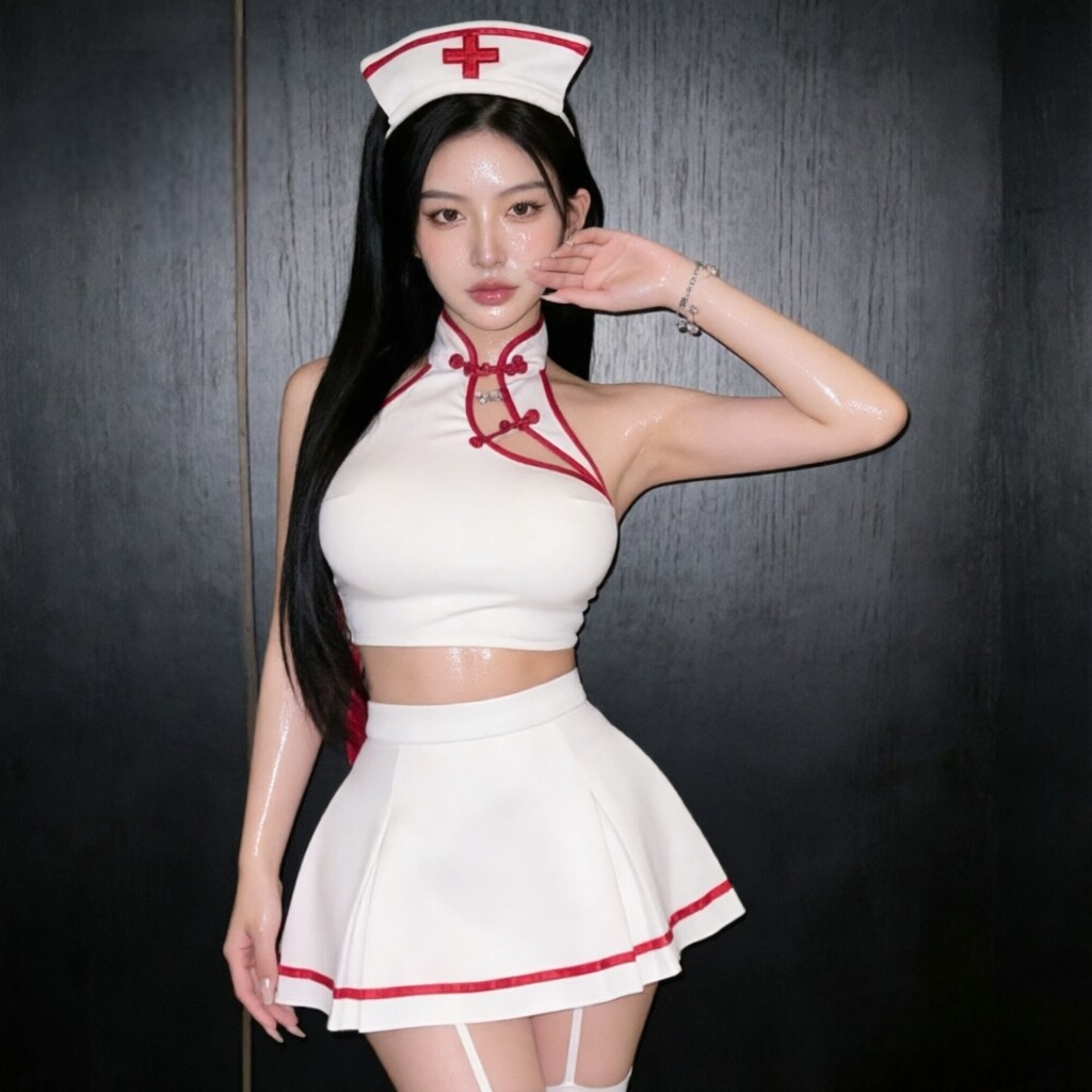恋爱气息女护士纯欲性感露背绑带蝴蝶结百褶裙透视校园风睡裙qqny