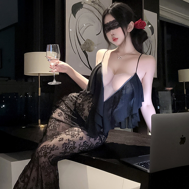 喵仆酱「午夜缪斯」性感法式蕾丝包臀长裙深V御姐夜总会约会制服