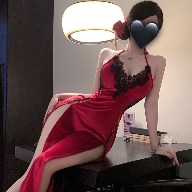 喵仆酱「朱砂红尽」性感丝绒长裙朱砂痣纯欲诱惑高开叉旗袍制服装