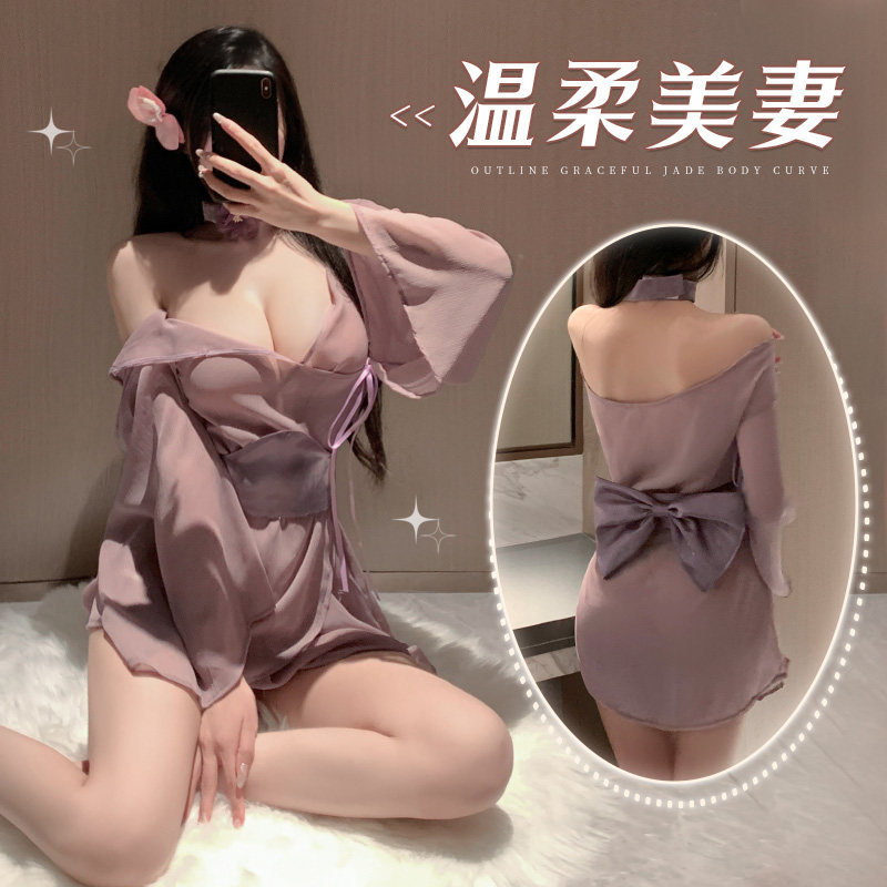 气质睡裙美妇柔情宽袖露沟日系和服睡裙性感纯欲内衣透视诱惑制服