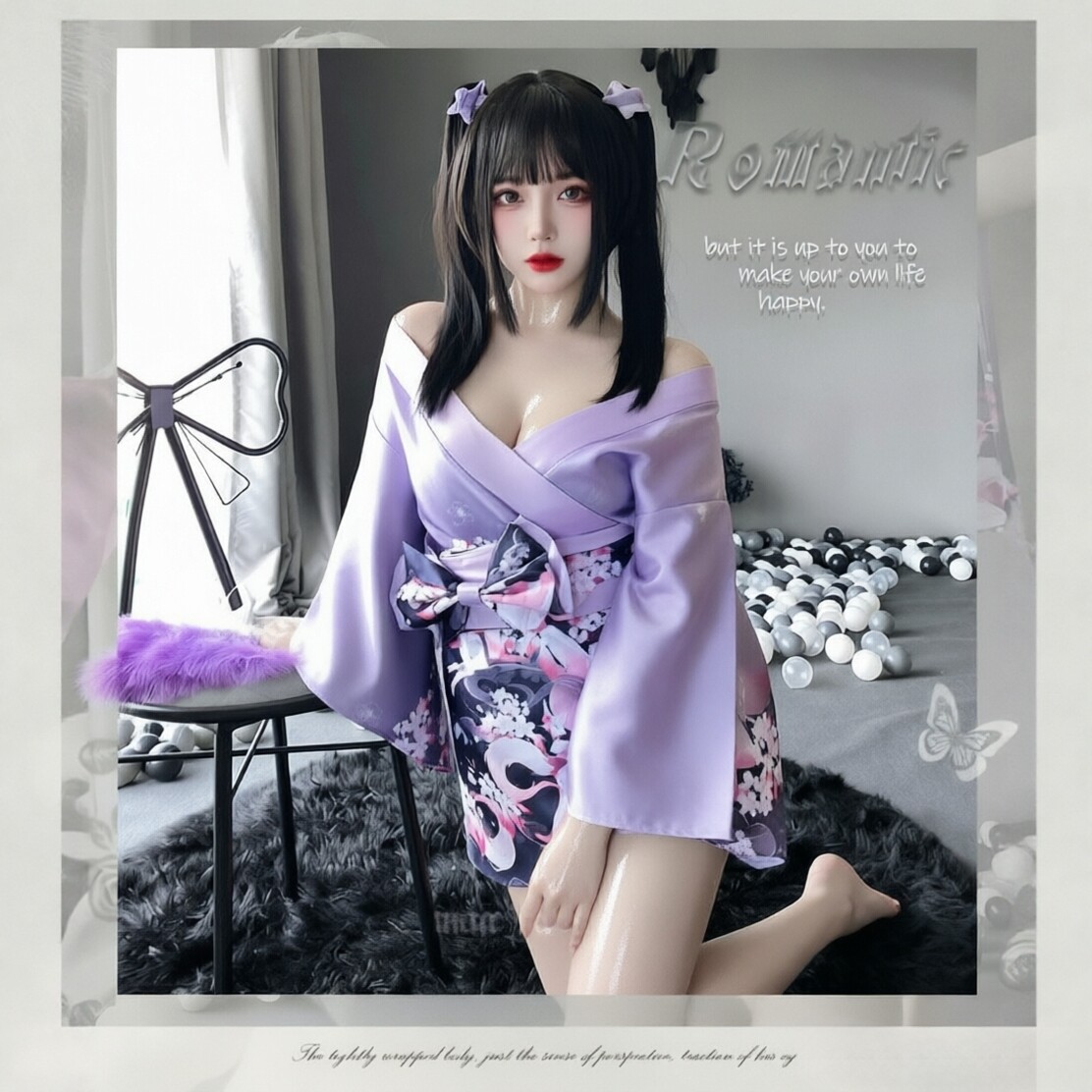 保密私密发货兔女郎花日系开襟和服蝴蝶结腰封九尾狐印花紫色浴衣