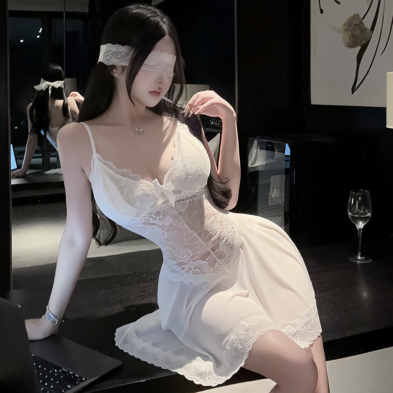 喵仆酱「月下柔纱」性感吊带睡裙蕾丝诱惑网纱透视白月光制服裙子