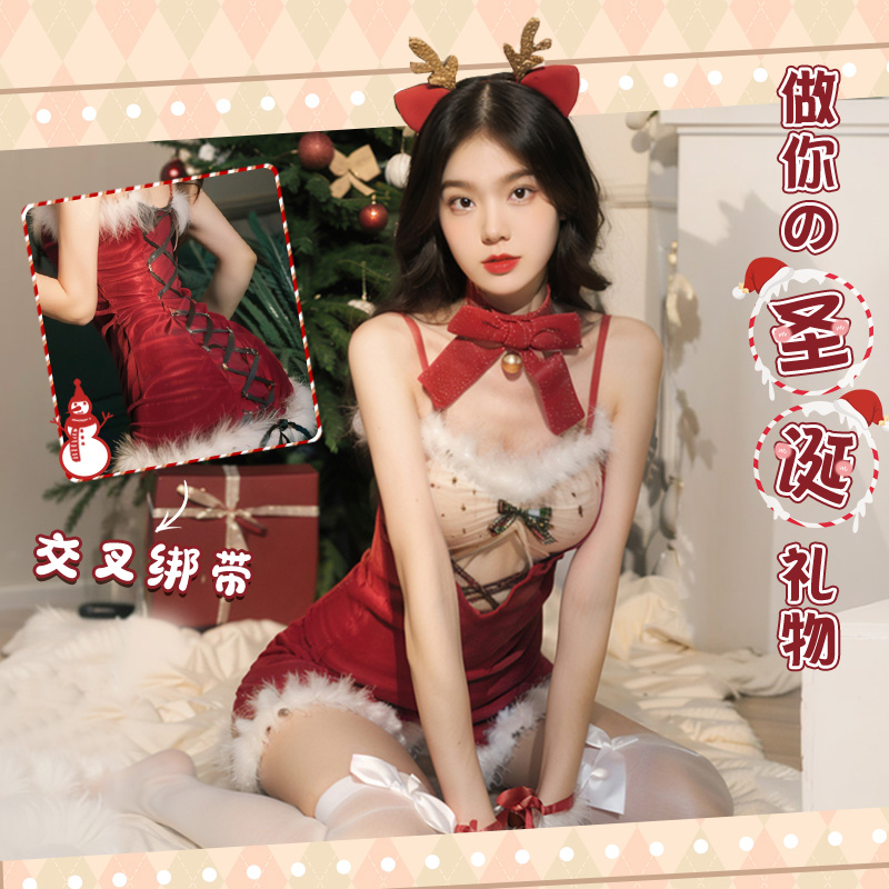 圣诞节制服新年红色丝绒透视网纱吊带睡裙氛围感跨年制服纯欲裙子