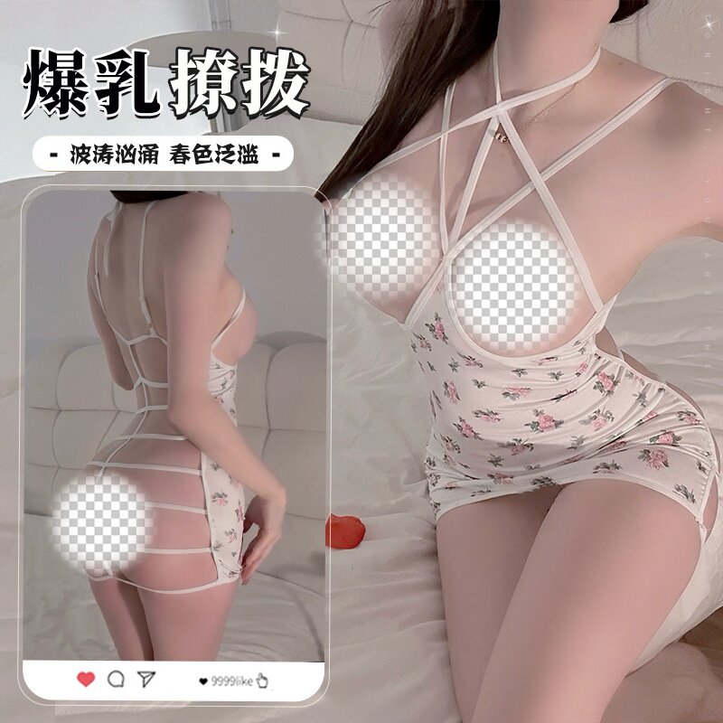 束缚绑带露胸吊带连衣睡裙包臀后背镂空系带制服套装纯欲家居服