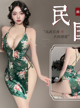 复古墨绿色印花民国旗袍性感高腰开叉包臀裙珠串名媛吊带连衣裙女