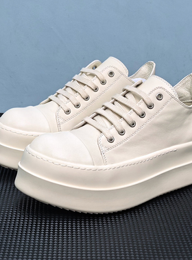 ro鞋子男真皮增高奶香厚底板鞋运动休闲低帮小白鞋女系带帆布鞋潮