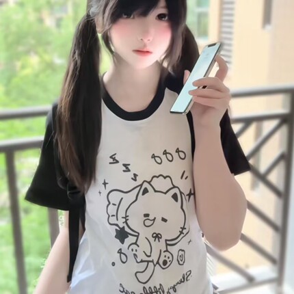 奶油陷阱原创可爱卡通小猫印花宽松纯棉黑白插肩T恤上衣夏季新款