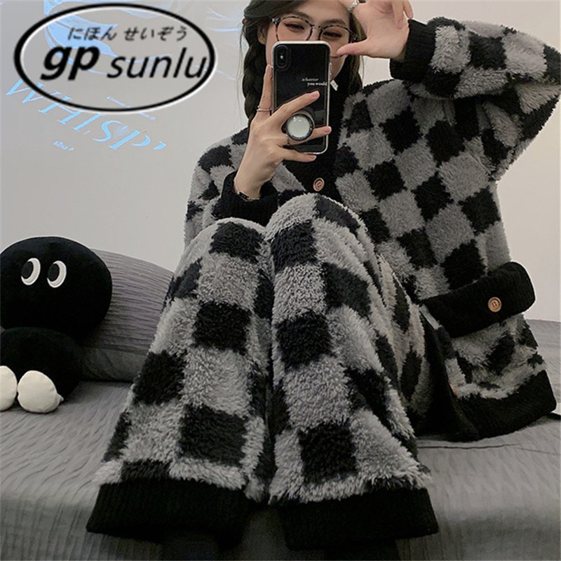 棋盘格子珊瑚绒睡衣女秋冬季加厚保暖开衫高级感冬家居服两件套装