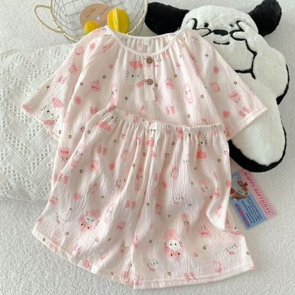 薄款纯棉纱布睡衣女夏季圆领可爱短袖短裤日系纽扣家居服简约套装