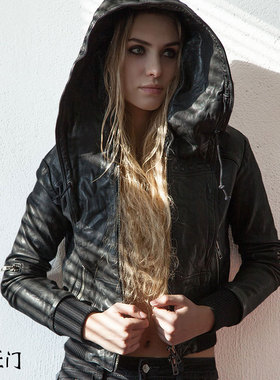 皮匠门 MEN+英国植鞣绵羊皮衣女夹克 欧美休闲连帽宽松M1050A