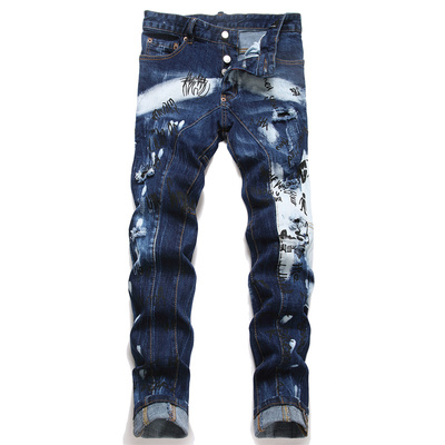 D2泼墨牛仔裤小人图破洞贴布