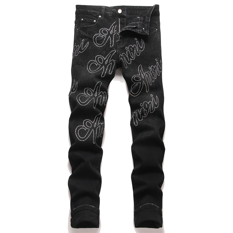 时尚黑色百搭镶钻牛仔裤男女潮流休闲烫钻个性街头字母小脚紧身