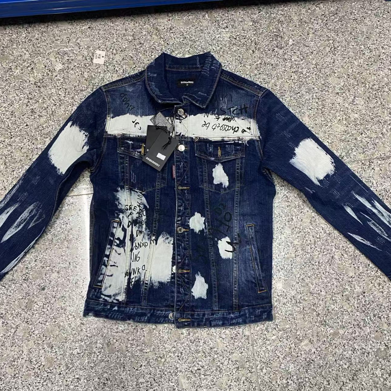 泼墨牛仔外套男深蓝字母印花夹克