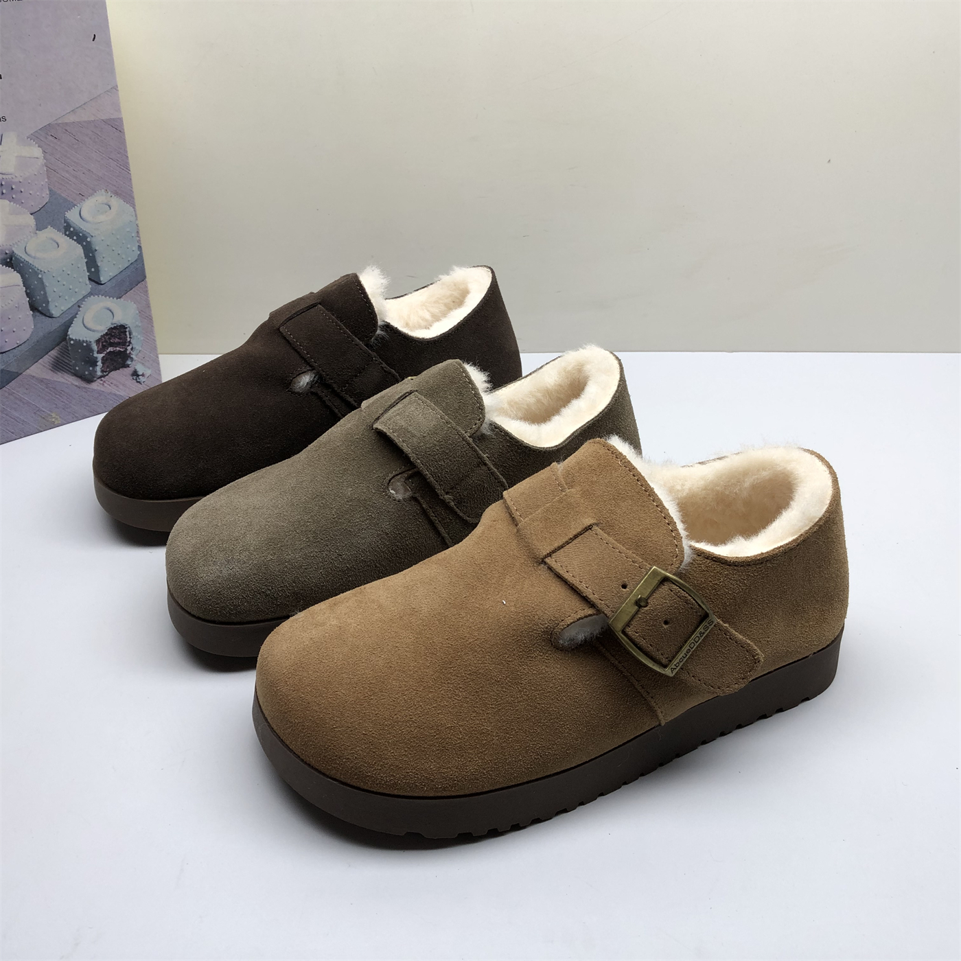 专柜撤柜秋冬真皮女鞋圆头加绒保暖勃肯鞋厚底休闲豆豆棉鞋磨砂皮