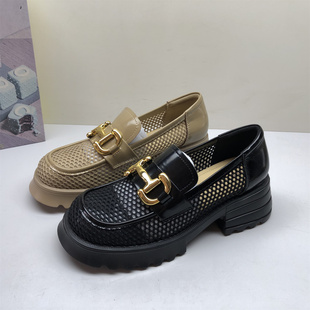 专柜撤柜真皮女鞋夏季透气厚底圆头平底休闲网纱乐福鞋增高单鞋女