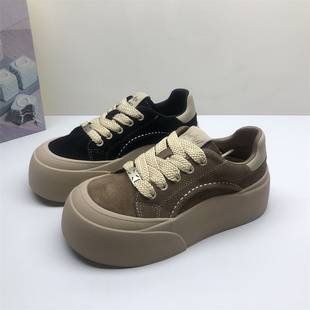 商场撤柜圆头真皮女鞋丑萌厚底简约板鞋女韩版系带松糕鞋女磨砂皮