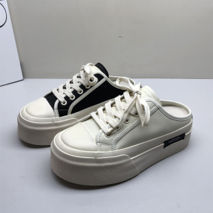 厚底 女白色圆头交叉绑带休闲鞋 专柜撤柜真皮女韩版 厚底松糕半托鞋