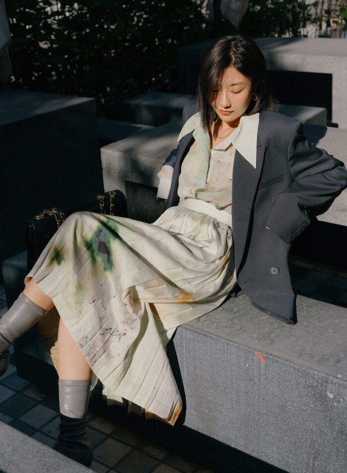 【hsu】savi同款 lc绿野仙踪油画印花衬衫 晕染百褶半裙时尚套装