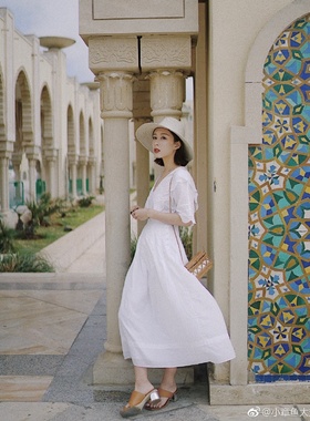 【HSU】小章鱼Iris同款度假风白色V领椰子树刺绣荷叶边纯棉连衣裙