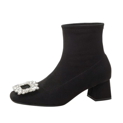 绒面方头瘦瘦靴秋冬新款闪闪水钻方扣弹力靴瘦瘦靴洋气袜靴短靴