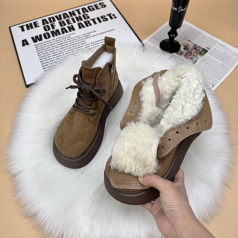爆款厚底马丁靴女2025冬季新款棉鞋增高加绒保暖翻毛皮羊毛雪地靴