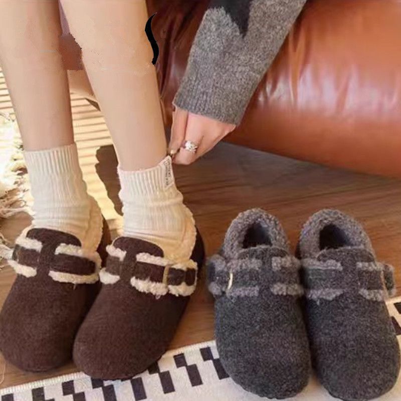 炭灰卷卷毛松果勃肯鞋女2025冬季新款复古百搭平底加绒保暖棉鞋子