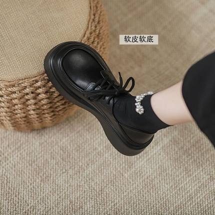 真软皮英伦小皮鞋女2024春秋季新款复古鞋子学院风厚底增高乐福鞋