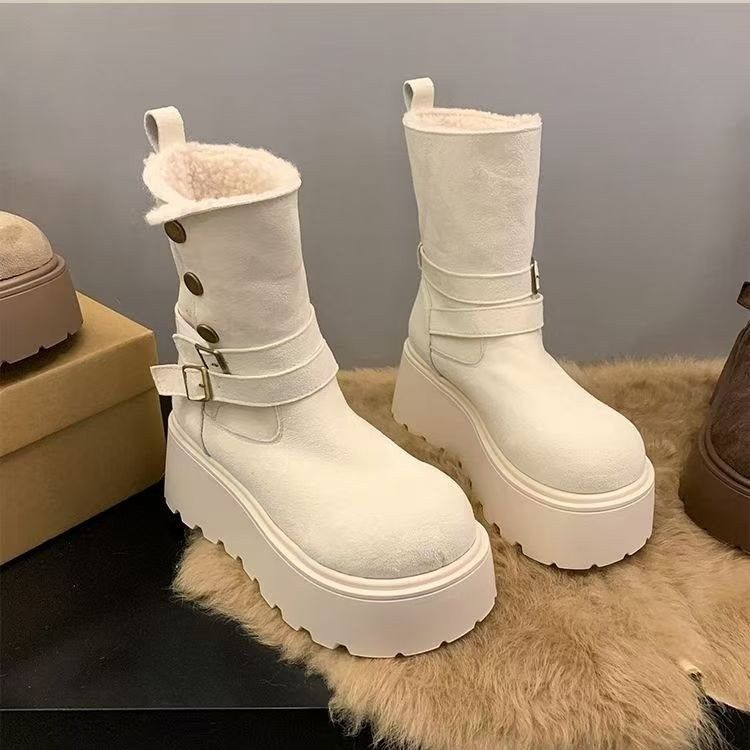 小个子中筒靴英伦风厚底马丁靴女2025秋冬款前拉链高跟时装靴