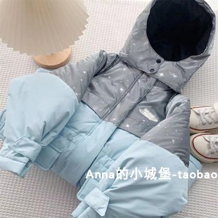 冬季女童白鸭绒连帽中长款羽绒服中大童星光拼色休闲厚实棉袄上衣