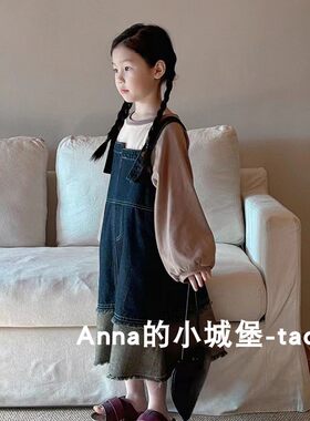 春夏儿童韩版纯棉连衣裙背带裙女童宝宝撞色牛仔裙甜美长裙韩版