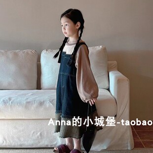 春夏儿童韩版纯棉连衣裙背带裙女童宝宝撞色牛仔裙甜美长裙韩版