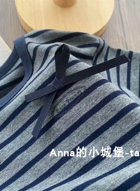 春夏新款女童灰色条纹蝴蝶结短袖T恤可爱百搭圆领半袖上衣亲子装