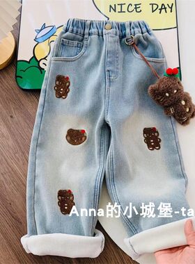 冬款女童百搭加绒牛仔裤宝宝秋冬一体绒直筒裤子可爱卡通长裤韩版