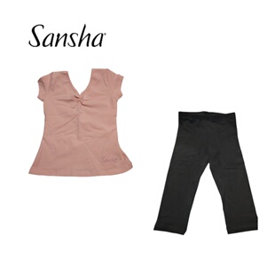 Sansha\三沙儿童舞蹈练功服女童长短袖上衣修身T恤形体七分裤V领