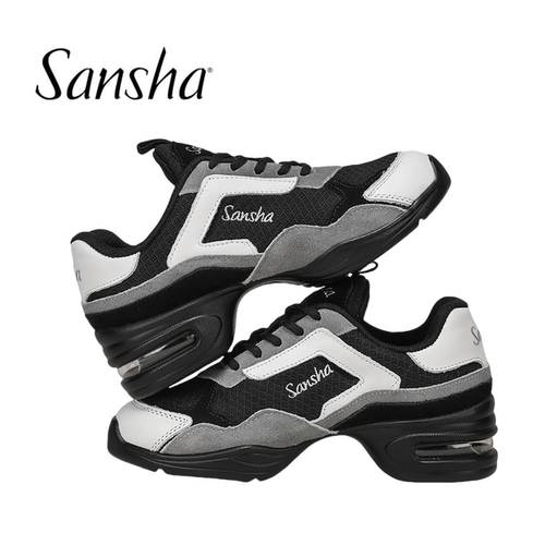 sansha/三沙现代舞鞋爵士舞广场舞蹈鞋牛皮网面拼接撞色运动鞋h20