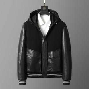 秋冬真皮拼接羊毛针织皮衣男黑色连帽帅气高端机车夹克修身外套潮