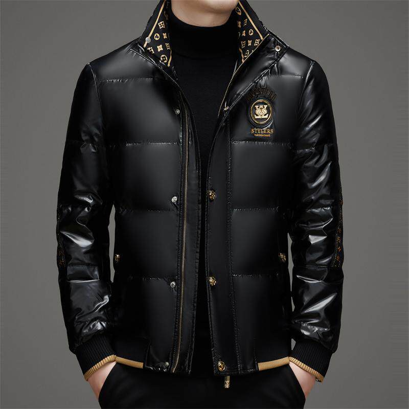 欧货烫钻中青年男士羽绒服冬季新款立领保暖潮流厚外套白鸭绒加厚